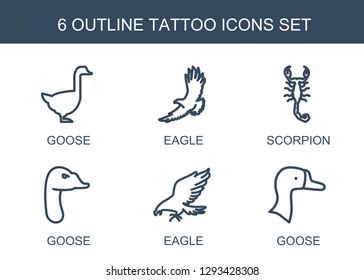 6 tattoo icons. Trendy tattoo icons white background. Included outline icons such as goose, eagle, scorpion. tattoo icon for web and mobile.