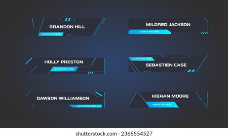 6 Technology futuristic lower thirds in black and neon blue colors. Sci-fi design. 