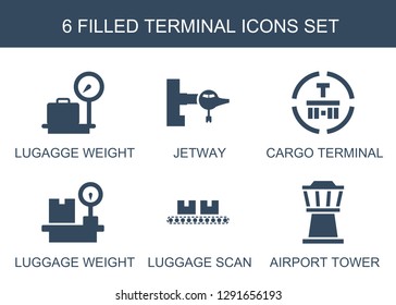 6 terminal icons. Trendy terminal icons white background. Included filled icons such as lugagge weight, jetway, cargo terminal, luggage weight. icon for web and mobile.