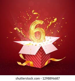 6 th year number anniversary and open gift box with explosions confetti isolated design element. Template six sixth birthday celebration on red background vector Illustration.