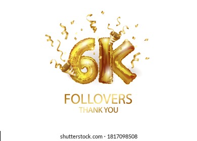 6 thousand. Thank you, followers. 3D vector illustration for blog or post design. 6K gold sign made of foil gold balls with confetti on a white background. Holiday banner in social networks.