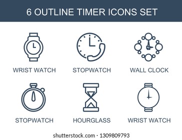 6 timer icons. Trendy timer icons white background. Included outline icons such as wrist watch, stopwatch, wall clock, hourglass. timer icon for web and mobile.