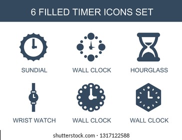 6 timer icons. Trendy timer icons white background. Included filled icons such as sundial, wall clock, hourglass, wrist watch. timer icon for web and mobile.
