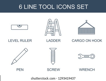 6 tool icons. Trendy tool icons white background. Included line icons such as level ruler, ladder, cargo on hook, pen, screw, wrench. tool icon for web and mobile.