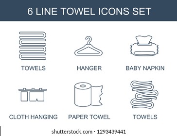 6 towel icons. Trendy towel icons white background. Included line icons such as towels, hanger, baby napkin, cloth hanging, paper towel. towel icon for web and mobile.
