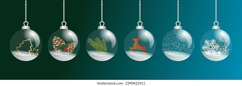 6 transparent Christmas balls with small decorative objects inside: fir, pine cone, branch, deer, snow, star, snowflake on a gradient background from green to blue,