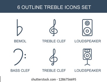 6 treble icons. Trendy treble icons white background. Included outline icons such as bemol, treble clef, loudspeaker, bass clef. icon for web and mobile.