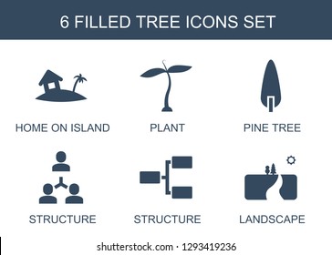 6 tree icons. Trendy tree icons white background. Included filled icons such as home on island, plant, pine tree, structure, landscape. icon for web and mobile.