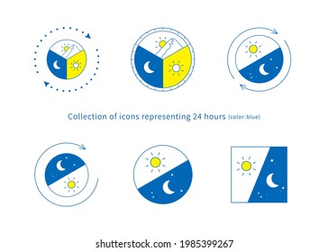 6 types of 24 hour image illustration set (line art, blue)