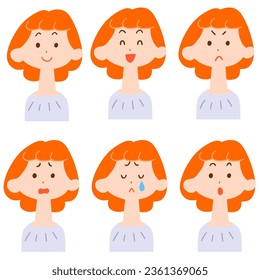 6 tipos de expresiones faciales de mujeres de cabello rojo, cuerpo superior