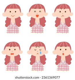 6 types of facial expressions of a woman wearing a checkered shirt, upper body