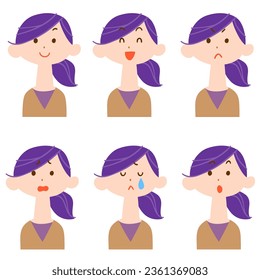 6 types of facial expressions of a woman with her hair tied up, upper body