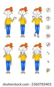 6 types of gestures and expressions of young women with ponytails