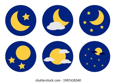 6 types of night sky icons. Moon and stars. Circular icon. Vector illustration.