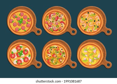6 types of pizza on wooden boards. Mexican, Hawaiian, Vegetarian, Margarita, Pepperoni, Seafood. Vector image on an isolated background.