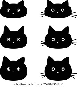 6 types of round-eyed black cats, with and without whiskers