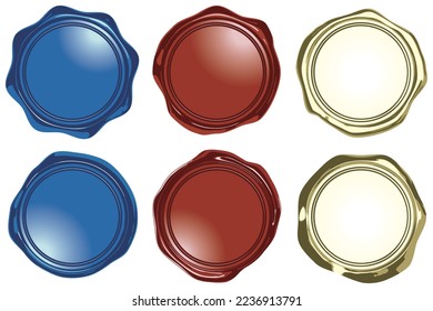 6 types of three-dimensional seals wax emblems blue red golden vector illustration