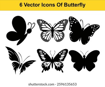 6 Unique Butterfly Vector Icons. High-Quality Silhouettes and Clipart for Designs