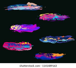 6 unique colorful bright acrylic brush stroke background. vector illustration