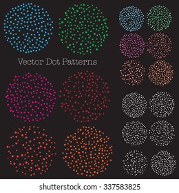 6 unique vector dot patterns, hand drawn textures. Grouped and easy to edit. On black background. 