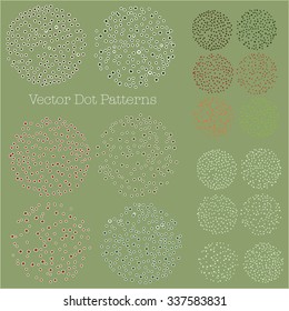 6 unique vector dot patterns, hand drawn textures. Grouped and easy to edit. On olive green background. 