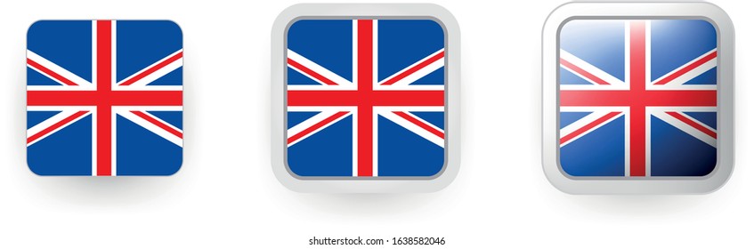 6 United Kingdom (UK) vector icons - button shield and gear, flat and volumetric style in flag colors blue, red, white for flyer any holiday design or poster
