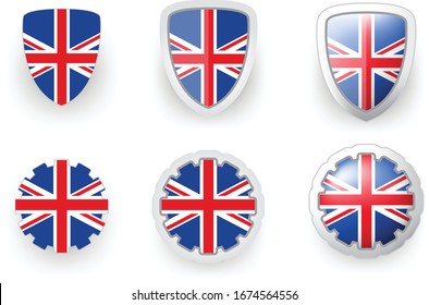 6 United Kingdom (UK) vector icons button shield and gear, flat and volumetric style in flag colors blue, red, white for flyer any holiday design or poster