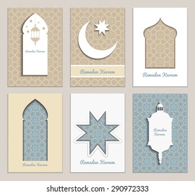 6 universal templates brochure, booklet, card in retro style  with arabian patterns. Social media and marketing banners for holy month of Muslim community, Ramadan Kareem celebration or Eid Mubarak.