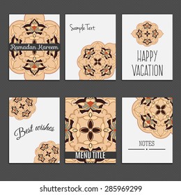 6 universal templates for menu cover, wedding card, book cover with moroccan islamic ornament.