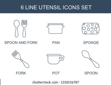 6 utensil icons. Trendy utensil icons white background. Included line icons such as spoon and fork, pan, sponge, fork, pot, spoon. utensil icon for web and mobile.