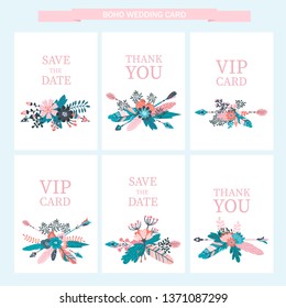 6 Vector boho floral card - colorful flower bouquets with arrow for wedding, anniversary, birthday, invitations, tribal native american symbol, bohemian, indian, DIY