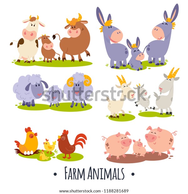 6 vector\
cards with cute farm animals family: cow and bull, goat, donkey,\
rooster and hen with yellow chicken, pig and piglet, sheep.\
Educational activity for children and\
toddlers