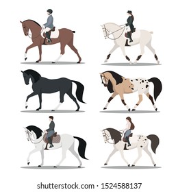 6 vector flat illustration of equestian life: walking rider, horse with saddlery, rider in riding wear and horses in motion