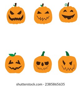 Icono de calabaza de Halloween de 6 vectores conjunto en colores negro y naranja. Dibujo simple de línea vectorial de calabaza en un estilo relleno y delineado.
