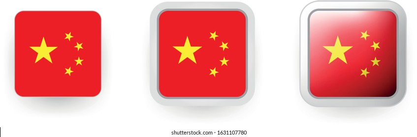 6 vector icons of China - flag shield button and cogwheel, flat and volumetric style in flag colors red, yellow for poster, flyer