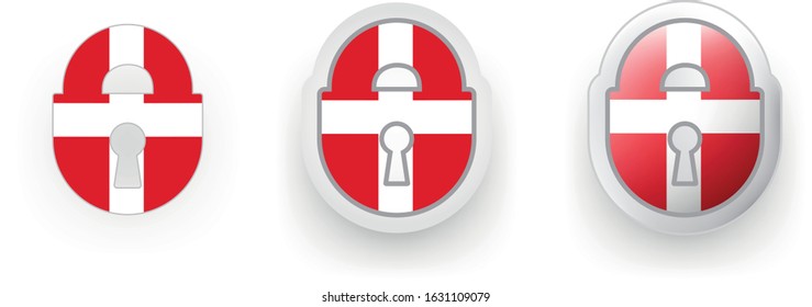 6 vector icons of Denmark - flag shield button and cogwheel, flat and volumetric style in flag colors red, white for poster, flyer