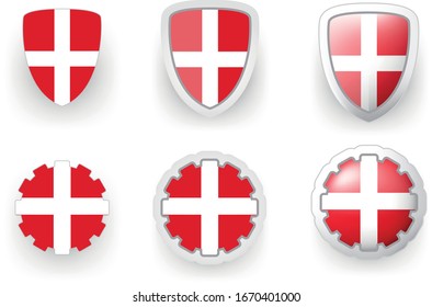 6 vector icons of Denmark flag shield button and cogwheel, flat and volumetric style in flag colors red, white for poster, flyer