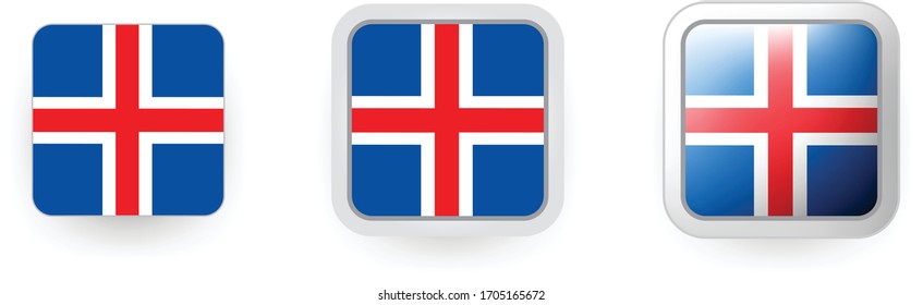 6 vector icons of Iceland flag shield button and cogwheel, flat and volumetric style in flag colors blue, red, white for poster, flyer