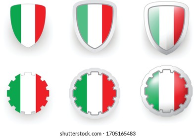 6 vector icons of Italy flag shield button and cogwheel, flat and volumetric style in flag colors green, red, white for poster, flyer