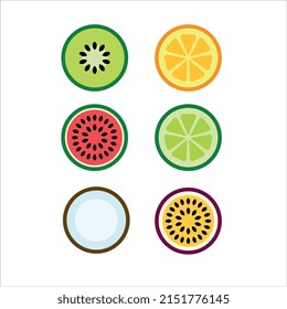 6 vector icons on the theme of fruits. Bright images of kiwi, watermelon, passion fruit, orange, lime and coconut.