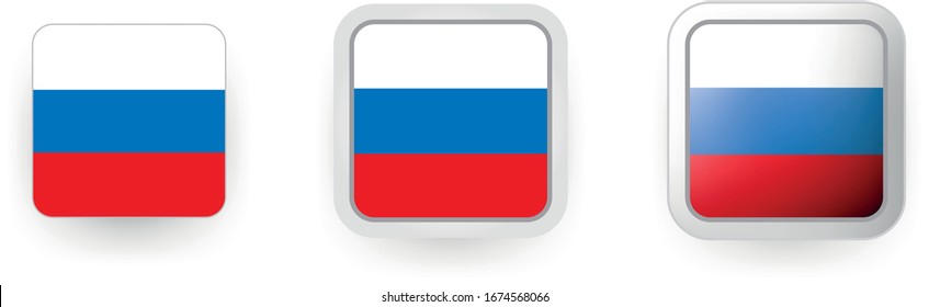6 iconos vectoriales del botón de escudo de la bandera rusa y rueda cognitiva, estilo plano y volumétrico en los colores de la bandera rojo, azul, blanco para el afiche, volante