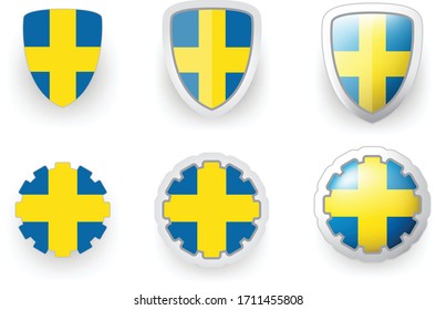 6 vector icons of Sweden flag shield button and cogwheel, flat and volumetric style in flag colors blue, yellow for poster, flyer