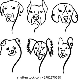 6 vector images of different popular dogs. Labrador, Pit Bull, Beagle, Sheepdog, Crested and Spitz. Black silhouette.