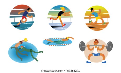 6 vector images, vector illustration set of sportsmen: runners, water polo, swimming, rob, funny vector characters, sport icons