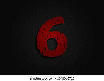 6 vector número rojo hecho de textura de grunge. Una fuente loca de miedo brutal. Diseño de estilo temático nocturno.  Para logotipo, marca, afiche, elementos de diseño, etc.   