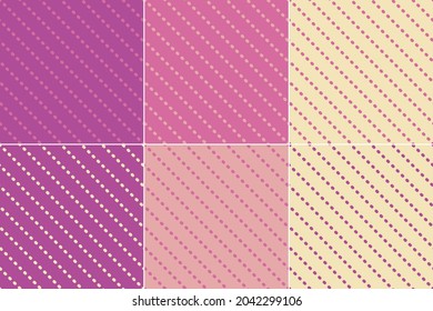 6 vector seamless companion patterns with dotted diagonals, lines. Pink, lilac, violet, yellow. For textiles, wrapping paper, tissue.