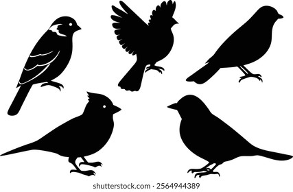 6 vector silhouette bird icon set of American Goldfinch,
Eastern Bluebird, Wood Thrush, Great Horned Owl, Scarlet Tanager, Ruby-throate, Hummingbird