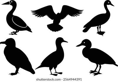 6 vector silhouette bird icon set of American Goldfinch,
Eastern Bluebird, Wood Thrush, Great Horned Owl, Scarlet Tanager, Ruby-throate, Hummingbird