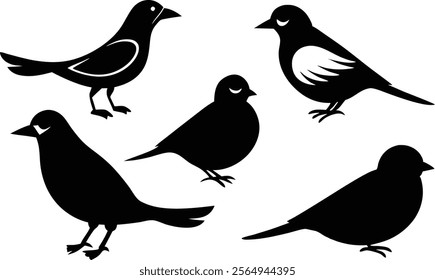 6 vector silhouette bird icon set of American Goldfinch,
Eastern Bluebird, Wood Thrush, Great Horned Owl, Scarlet Tanager, Ruby-throate, Hummingbird