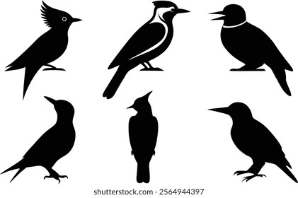 6 vector silhouette bird icon set of American Goldfinch,
Eastern Bluebird, Wood Thrush, Great Horned Owl, Scarlet Tanager, Ruby-throate, Hummingbird